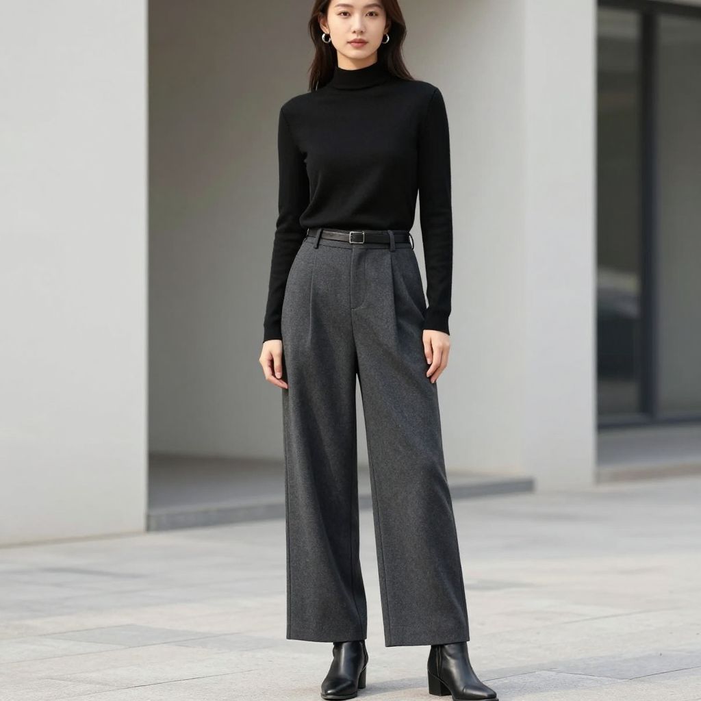 Charcoal Wide Leg Trousers and Mock Neck Sweater