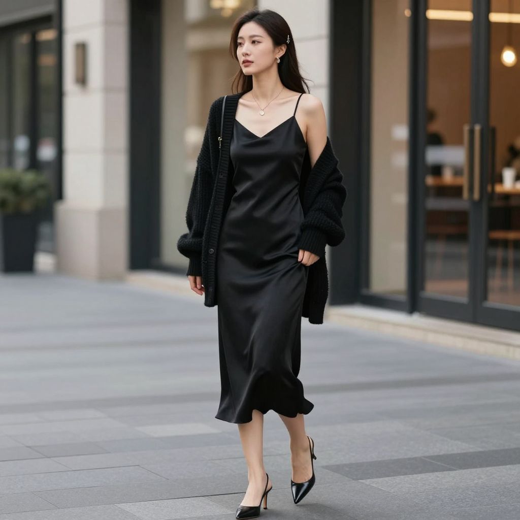 Black Midi Slip Dress and Knit Cardigan