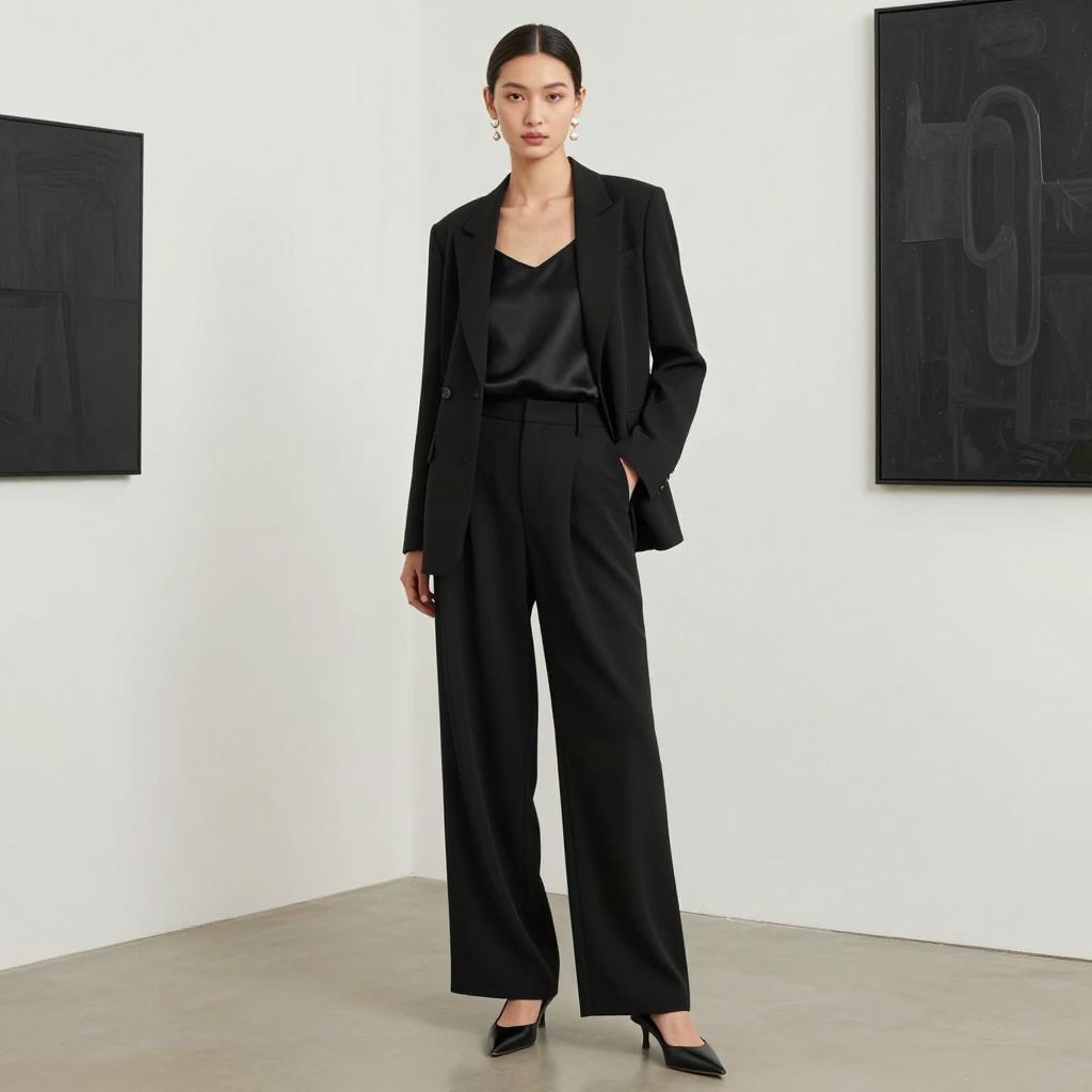Black Palazzo Pants and Silk Camisole with Blazer