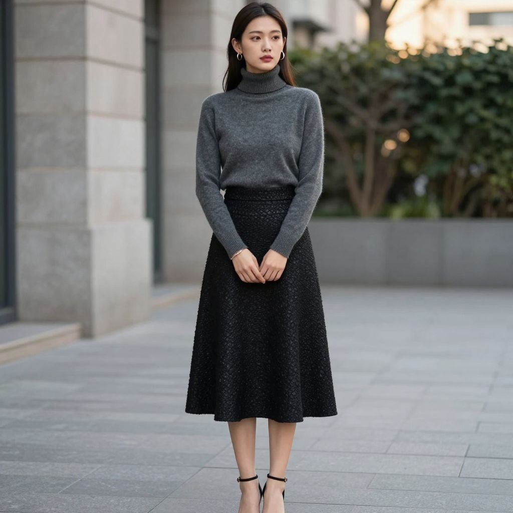 Textured Black Midi Skirt and Cashmere Turtleneck