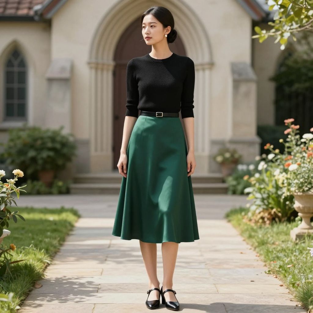 Deep Green A Line Midi Skirt and Black Knit