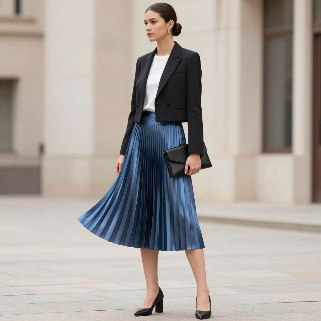Steel Blue Pleated Midi and Cropped Blazer