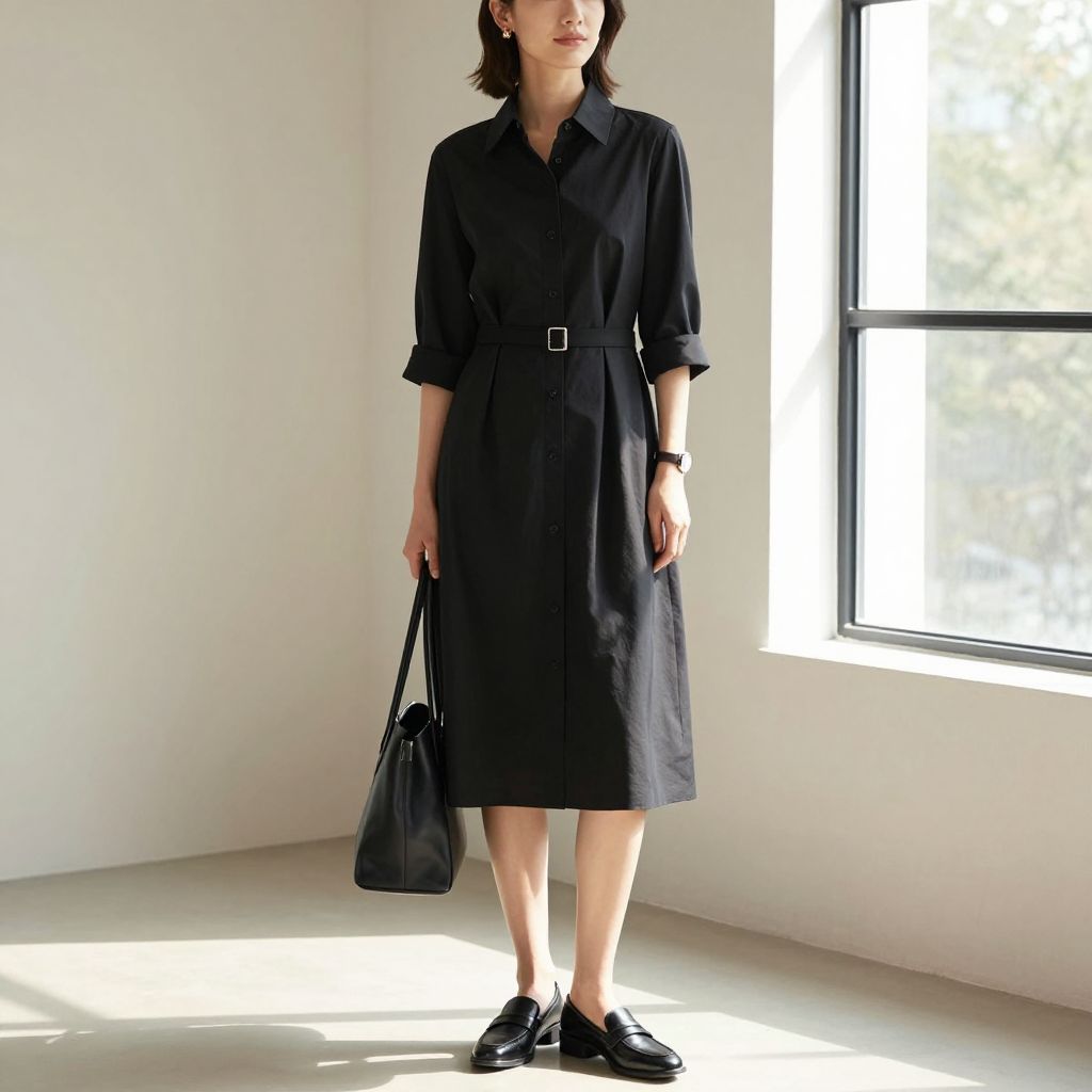 Black Midi Shirt Dress with Waist Belt