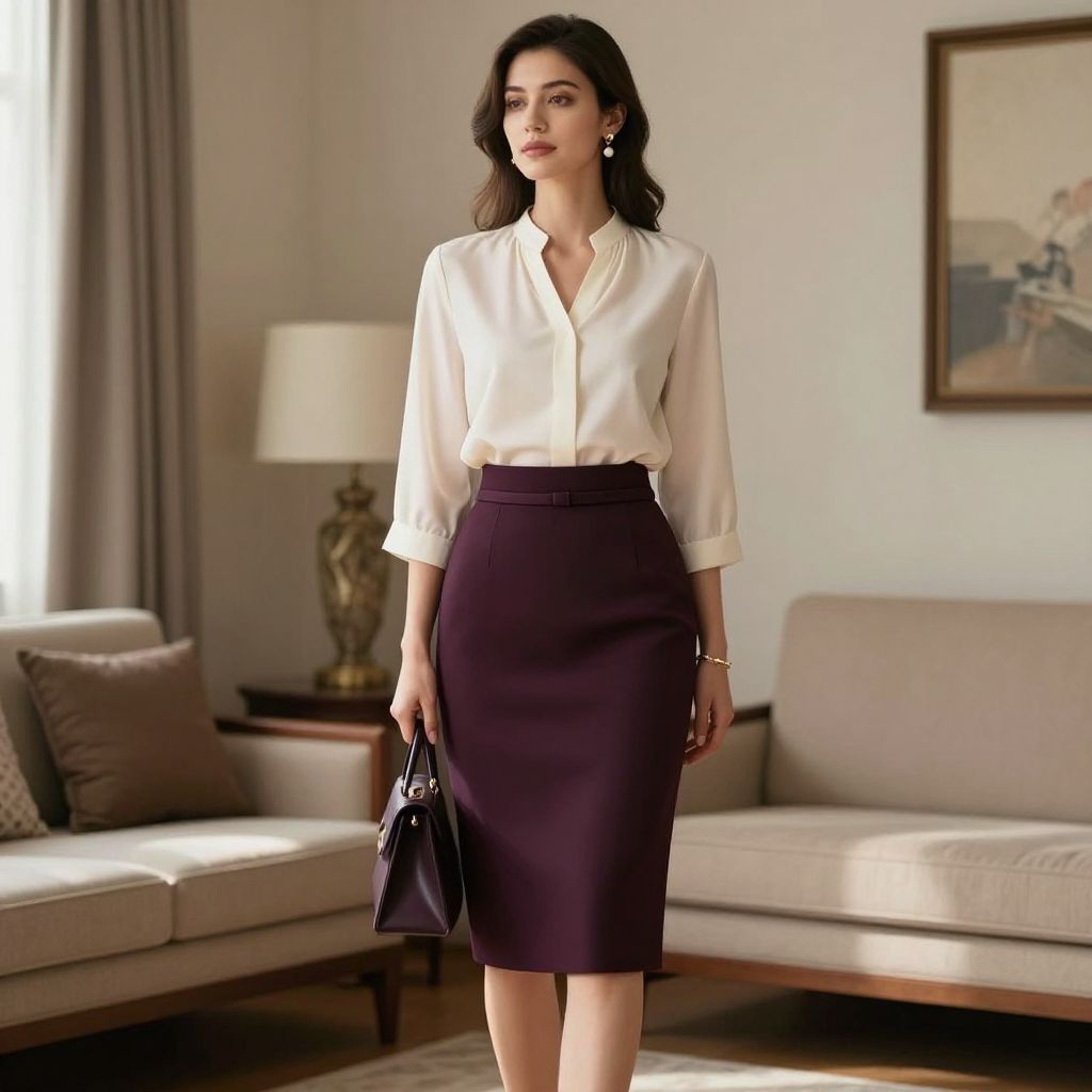 Dark Plum Pencil Skirt and Soft Blouse