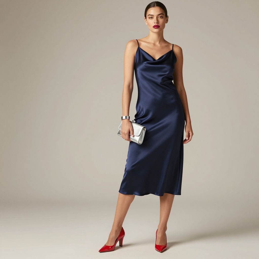 Navy dress with red pumps