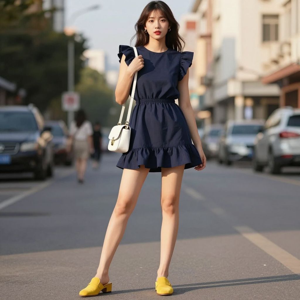 Navy ruffled mini with yellow mules