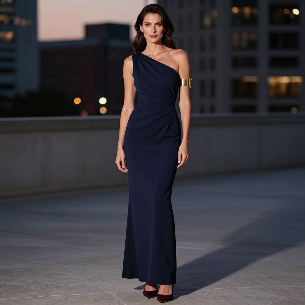 Navy one shoulder gown with burgundy stilettos