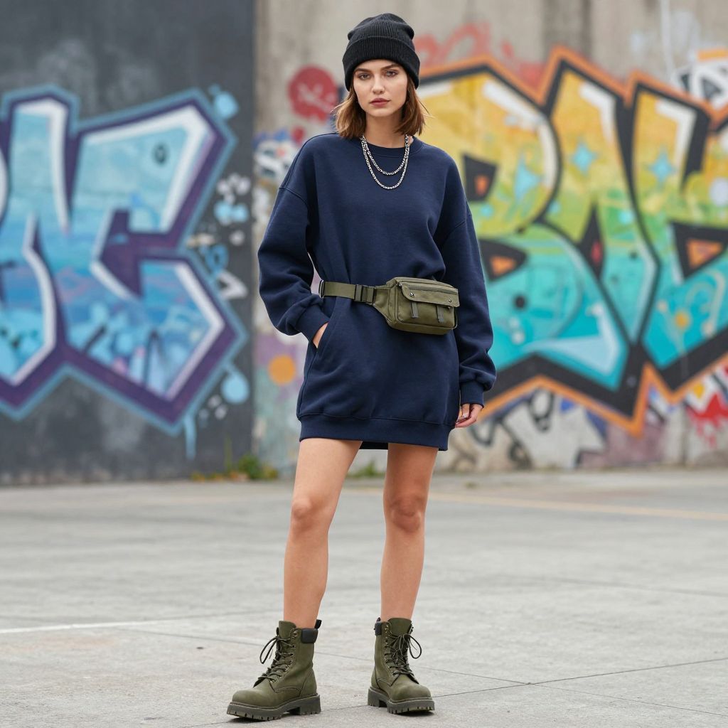 Navy sweatshirt dress with olive combat boots