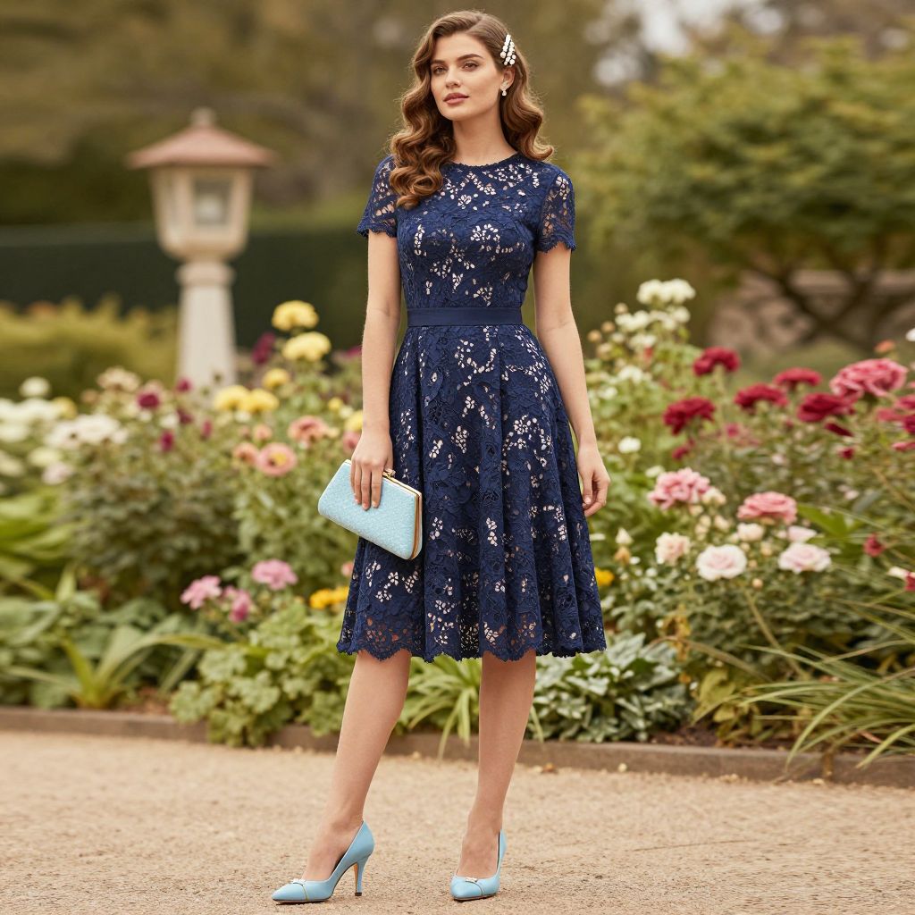 Navy lace tea dress with ice blue heels
