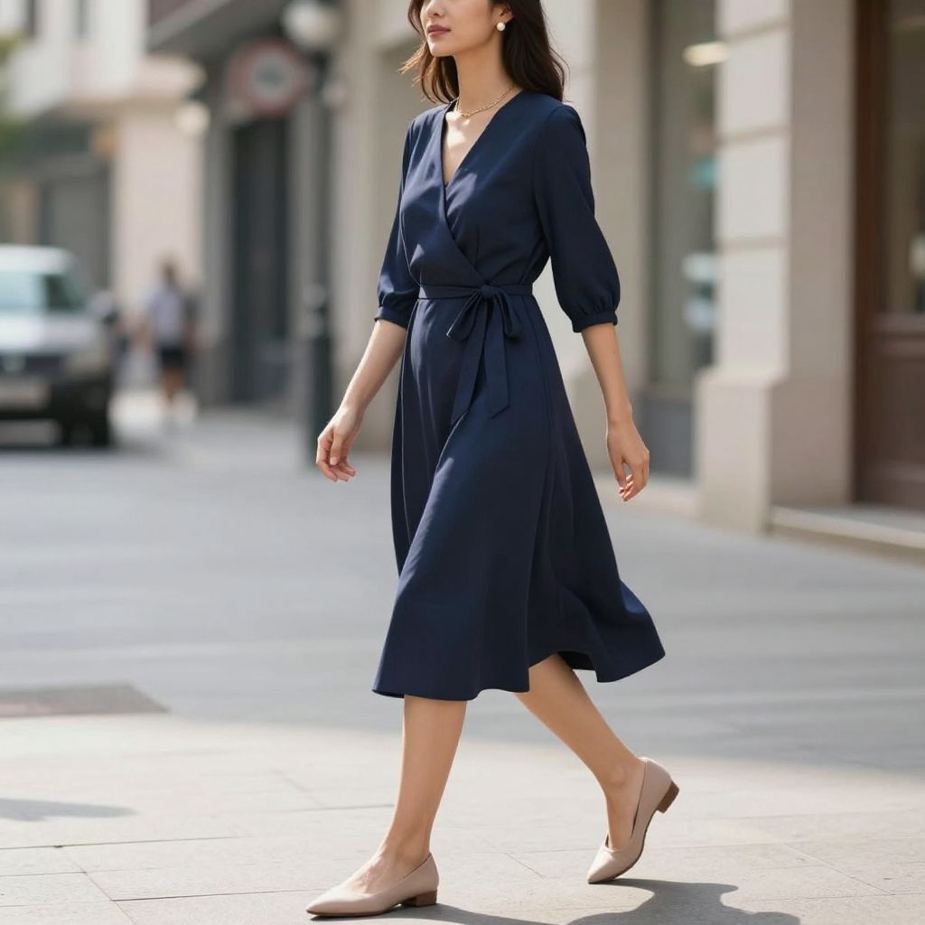 Navy wrap dress with nude flats