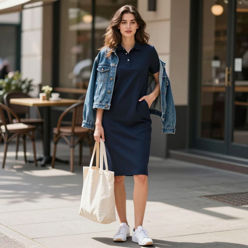Navy polo dress with white sneakers