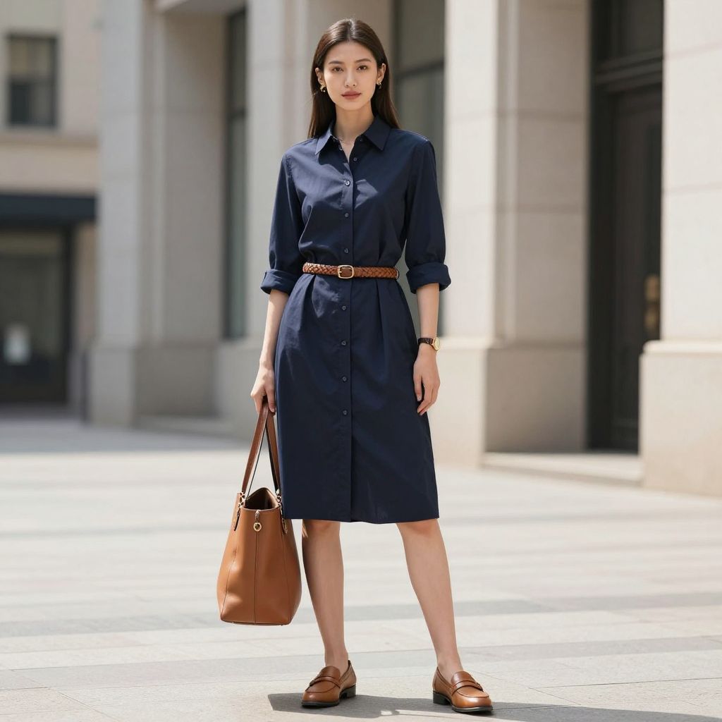 Navy shirt dress with tan loafers