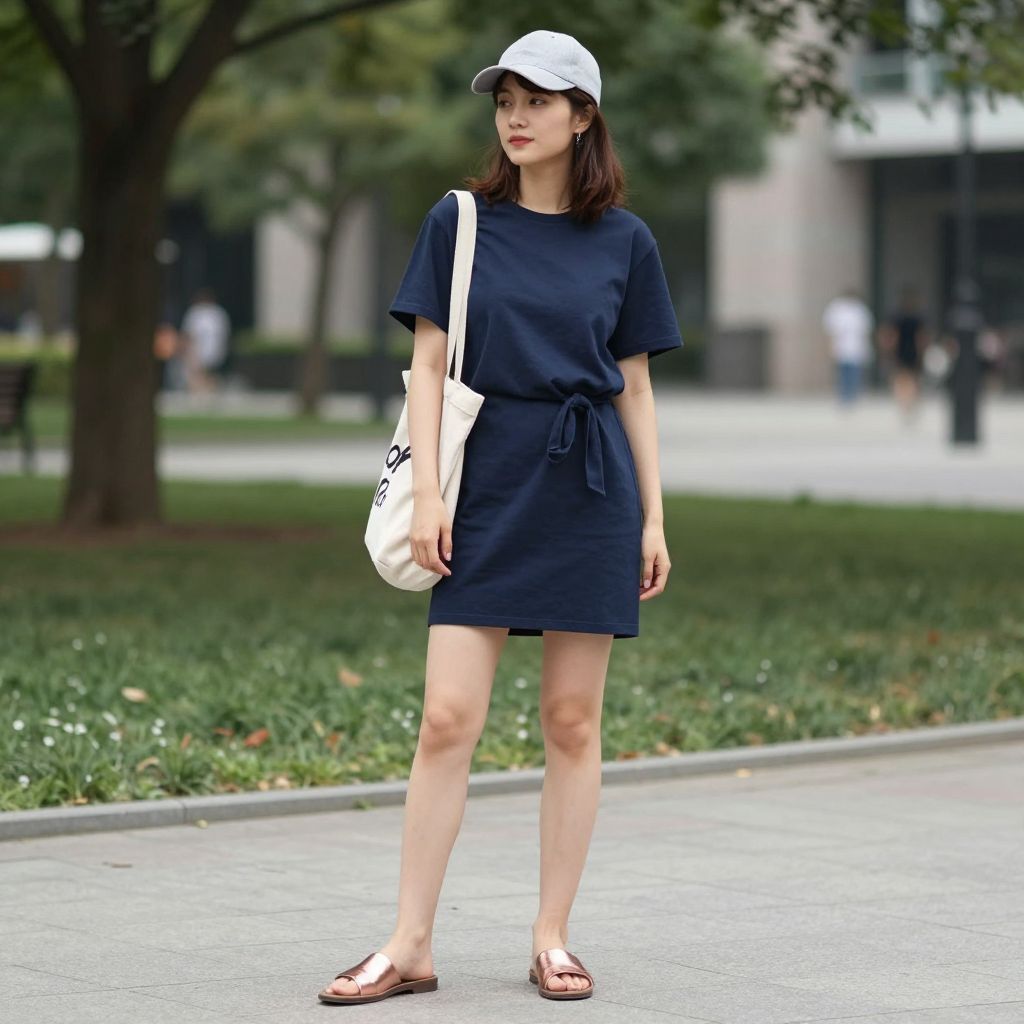 Navy T-shirt dress with rose gold slides