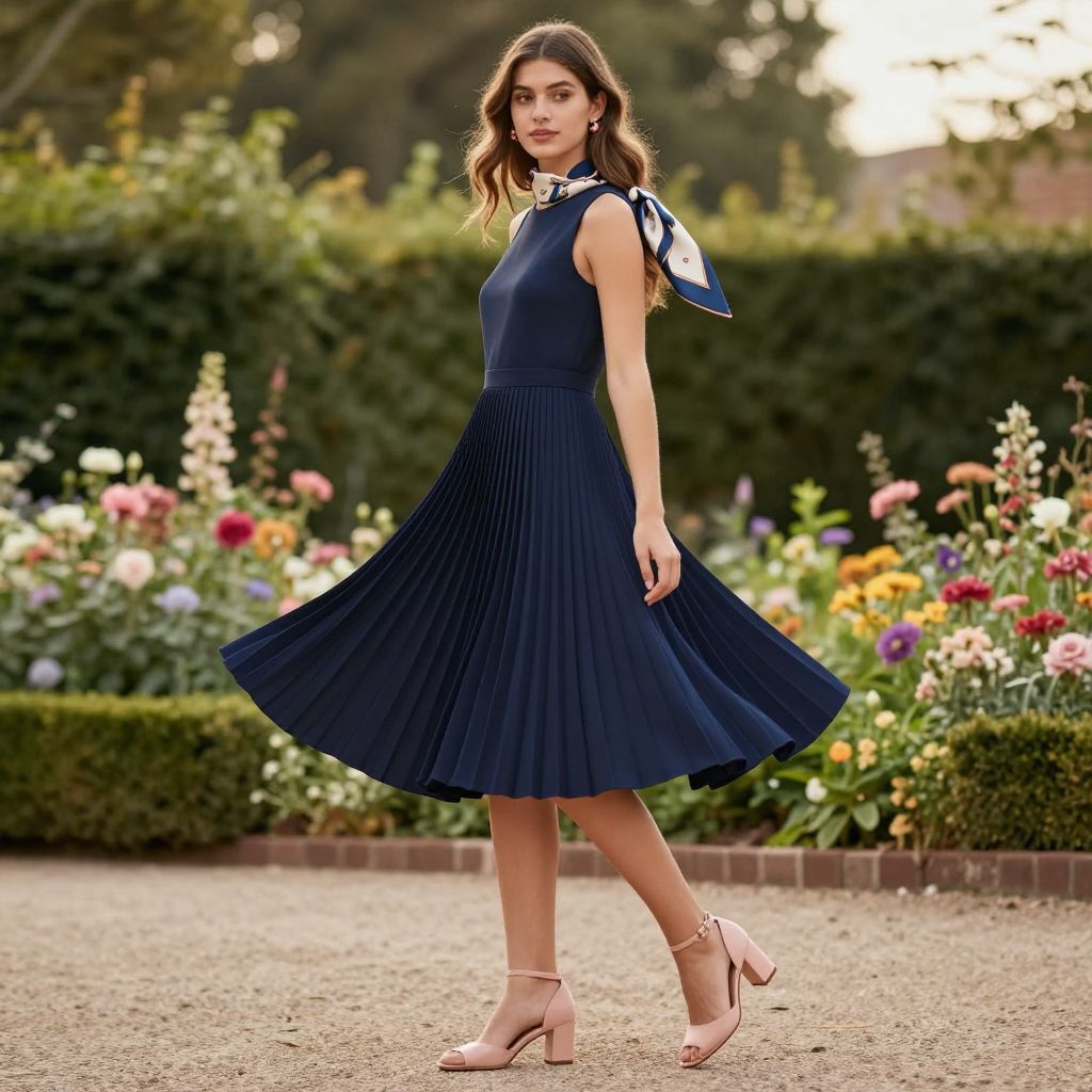 Navy pleated midi with blush heels