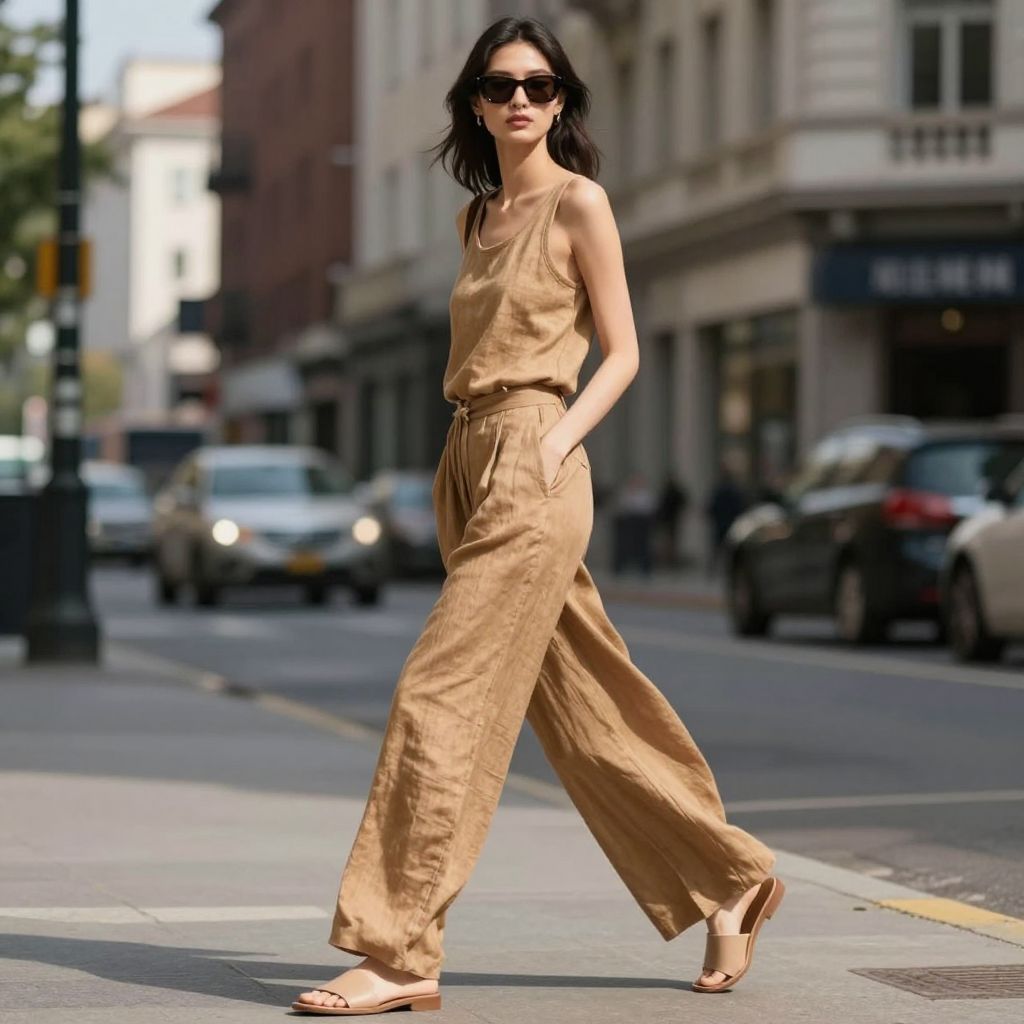 Linen pants with minimalist leather slides