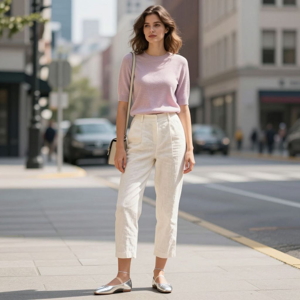 Linen pants with metallic ballet flats