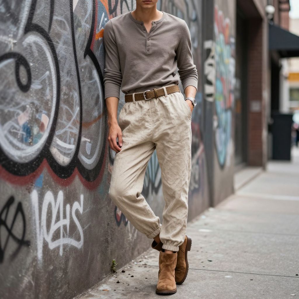Linen pants with desert boots