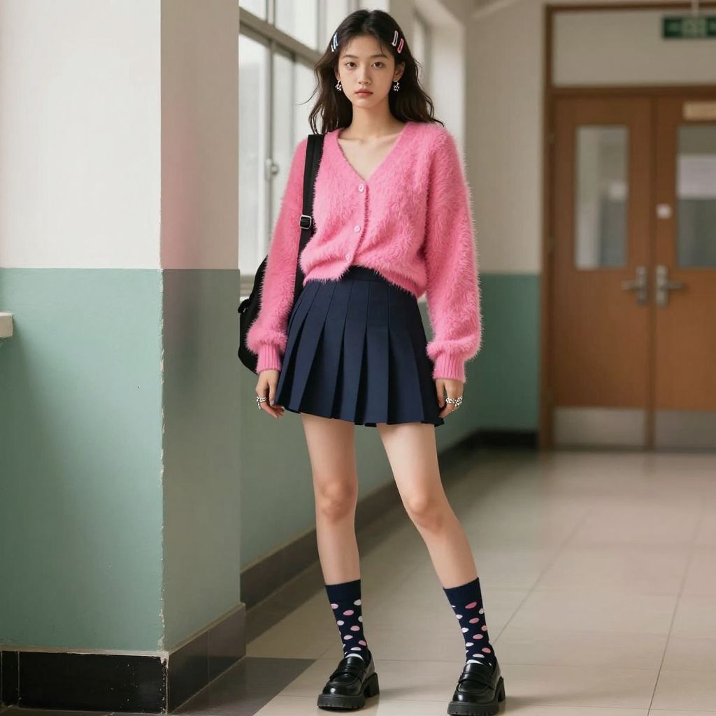 Colorful Cardigan And Pleated Skirt