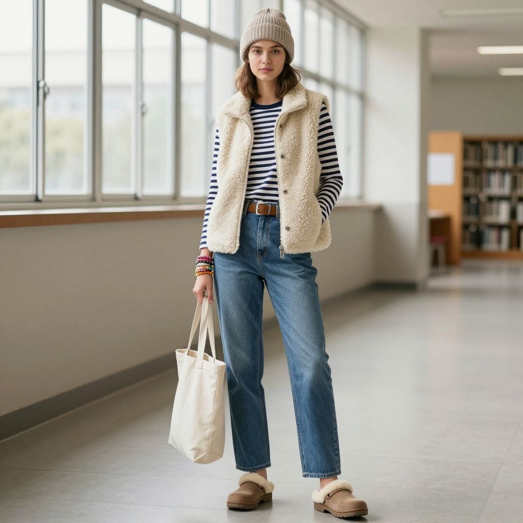 Sherpa Vest And Long Sleeve Tee With Straight Leg Jeans