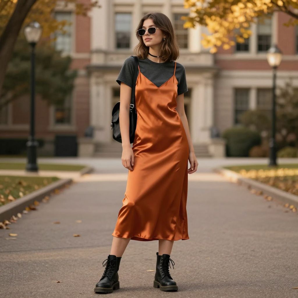 Satin Slip Dress Over Basic Tee