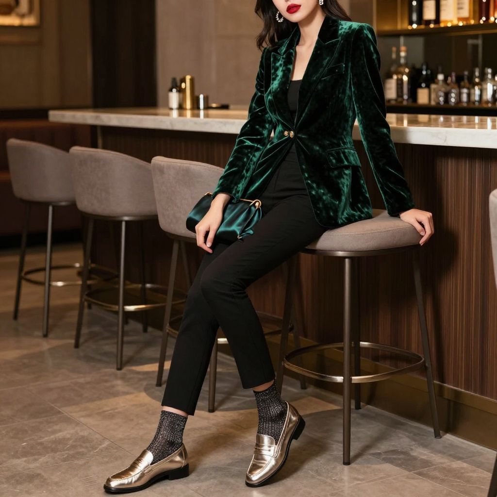 Metallic loafers holiday outfit