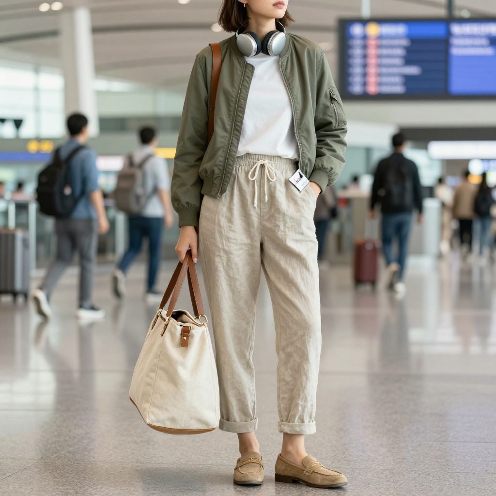 Sand suede loafers airport outfit