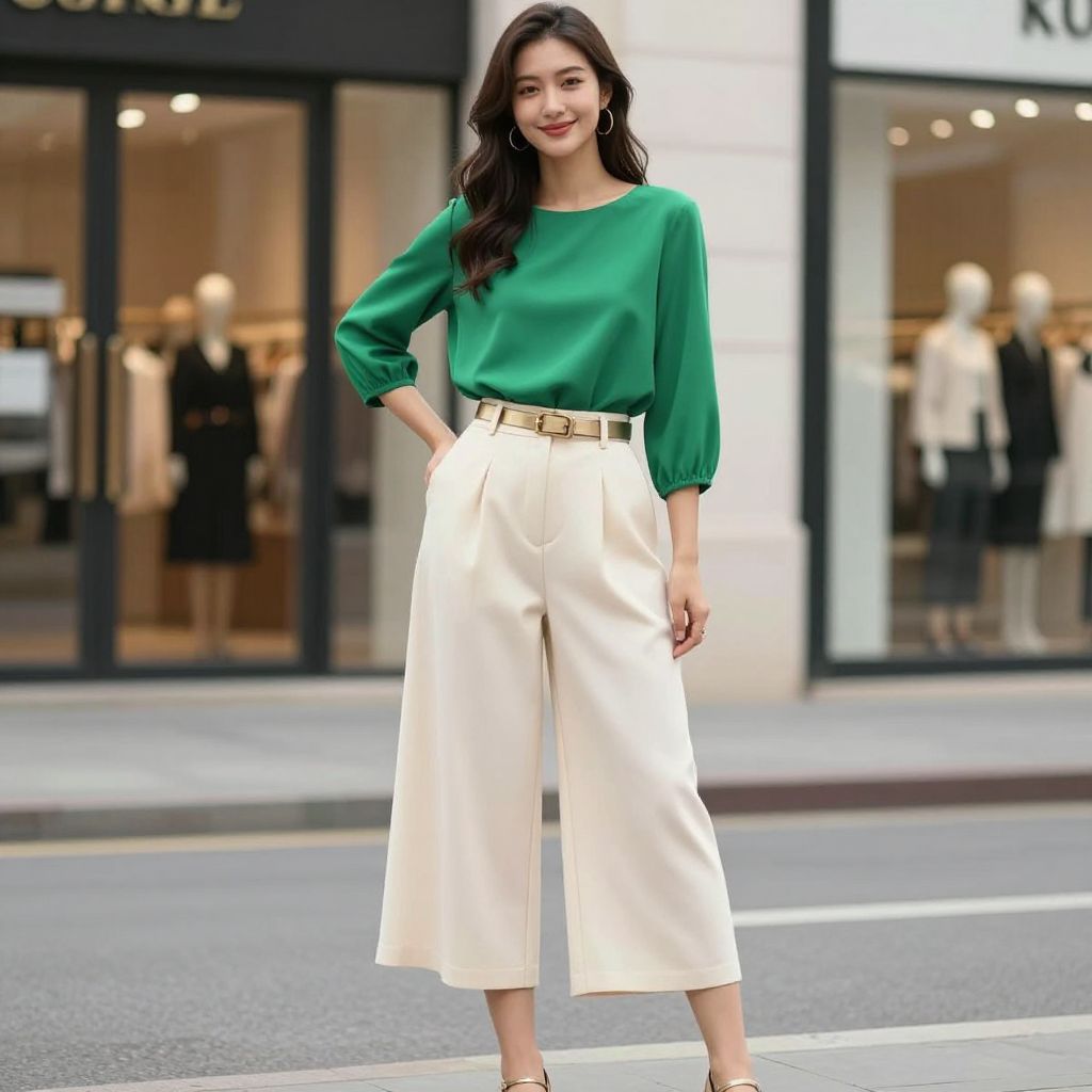 Emerald Blouse With Cream Culottes