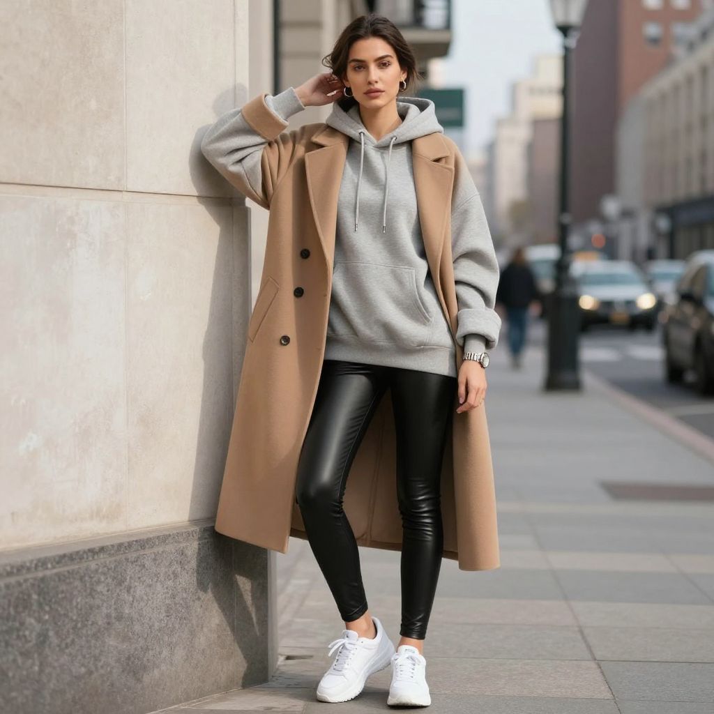 Oversize Hoodie With Faux Leather Leggings And Long Coat