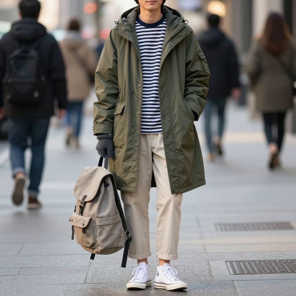 Parka With Striped Breton And Cropped Cargo Pants