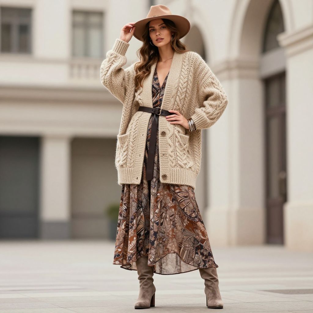 Cable Knit Cardigan Belted Over Printed Maxi Skirt