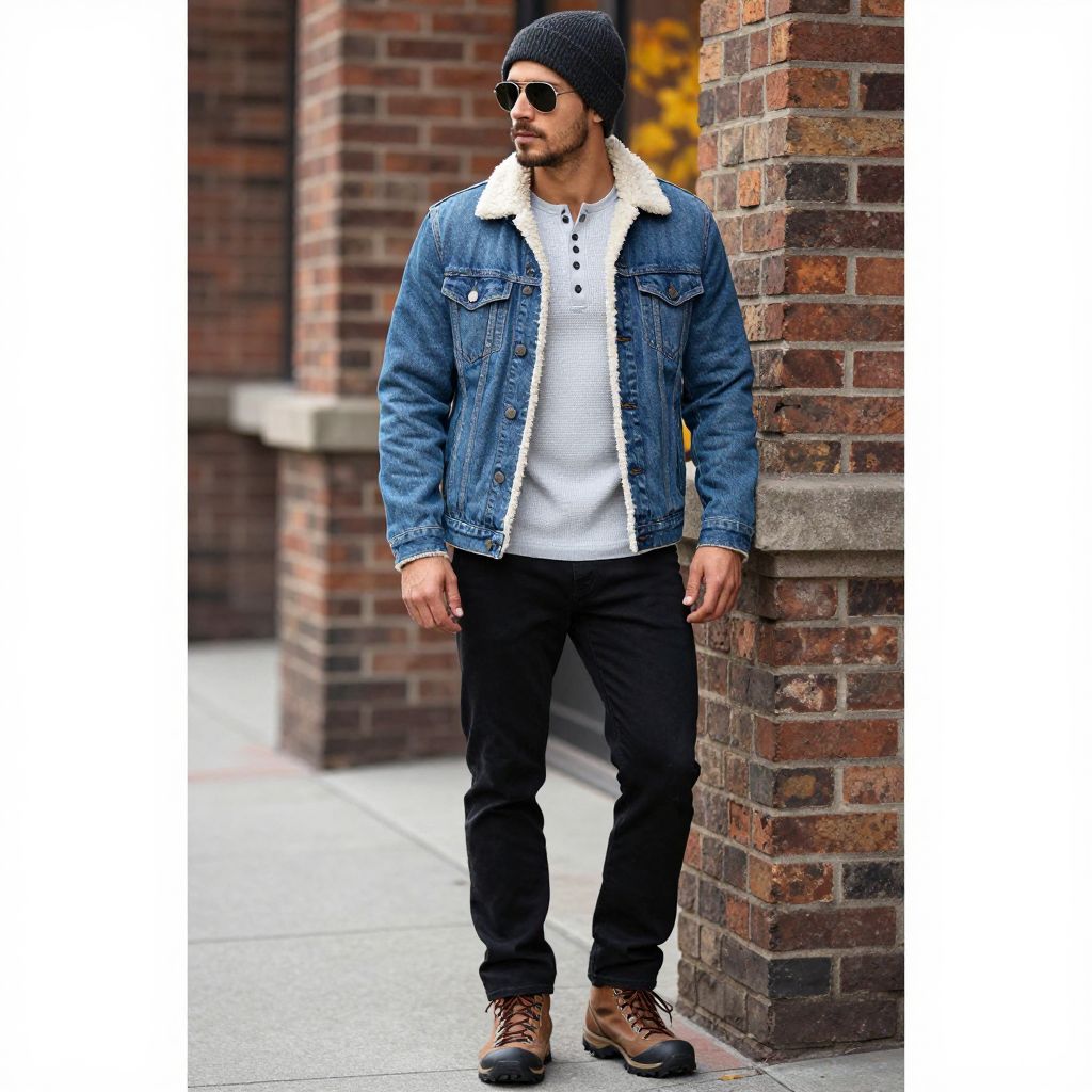 Sherpa Lined Denim Trucker With Thermal Henley