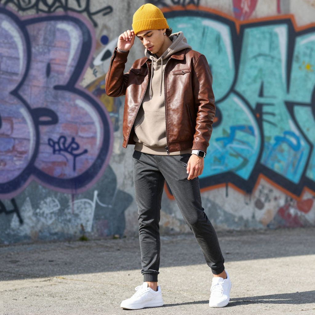 Leather Jacket Over Hoodie And Slim Joggers