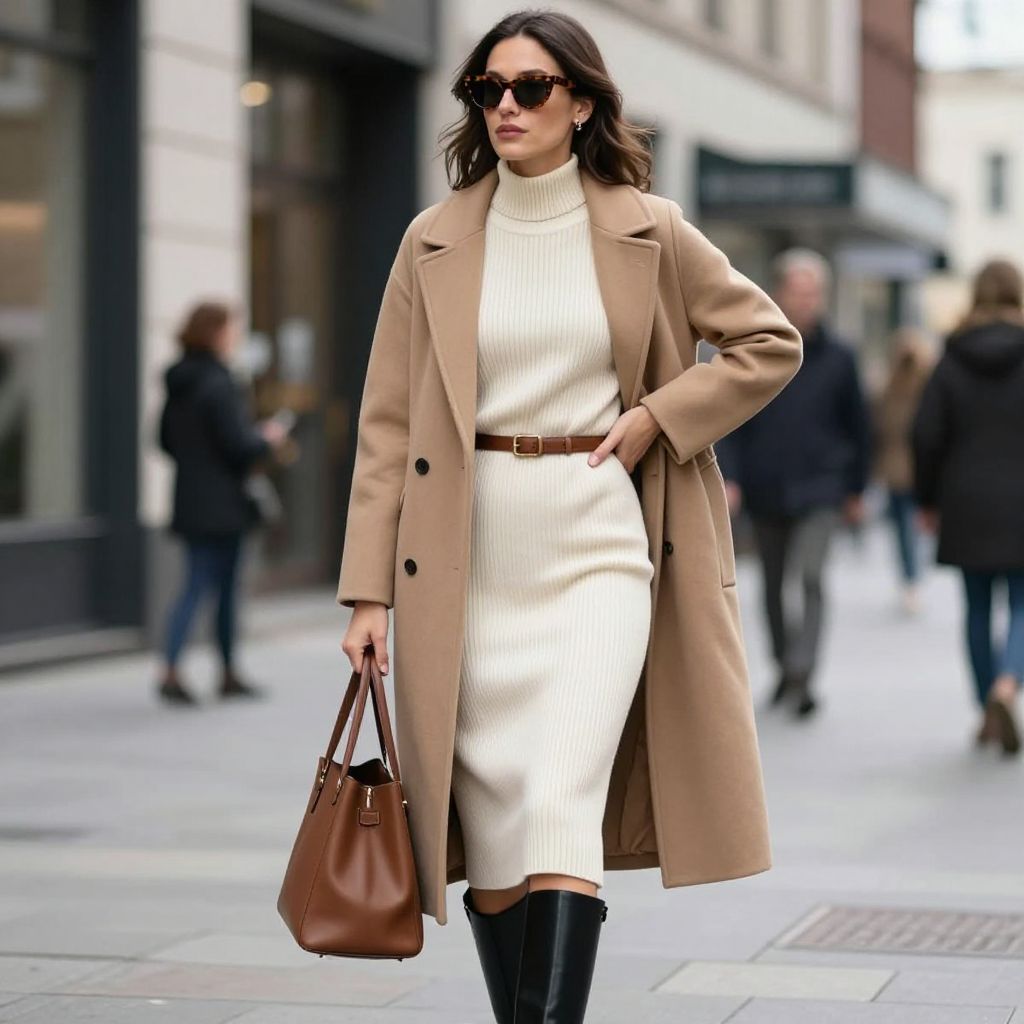 Longline Wool Coat With Midi Sweater Dress