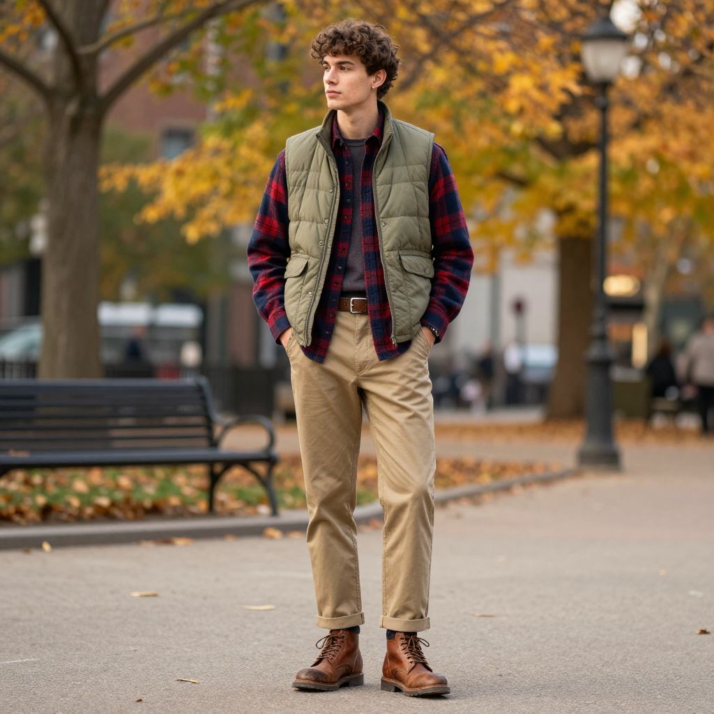 Quilted Vest Layered Over Plaid Flannel And Thermal Tee