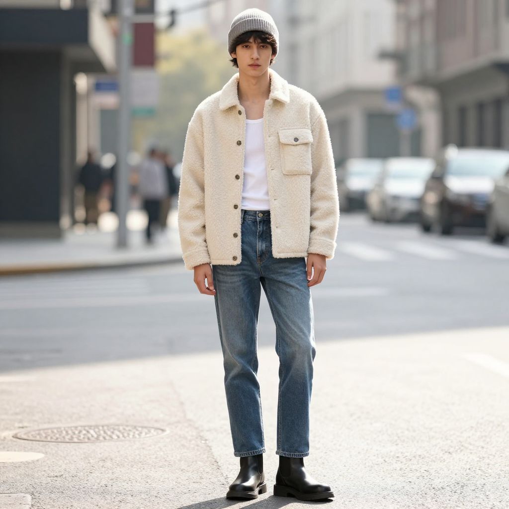 Fleece Shacket With Straight Jeans And Chelsea Boots