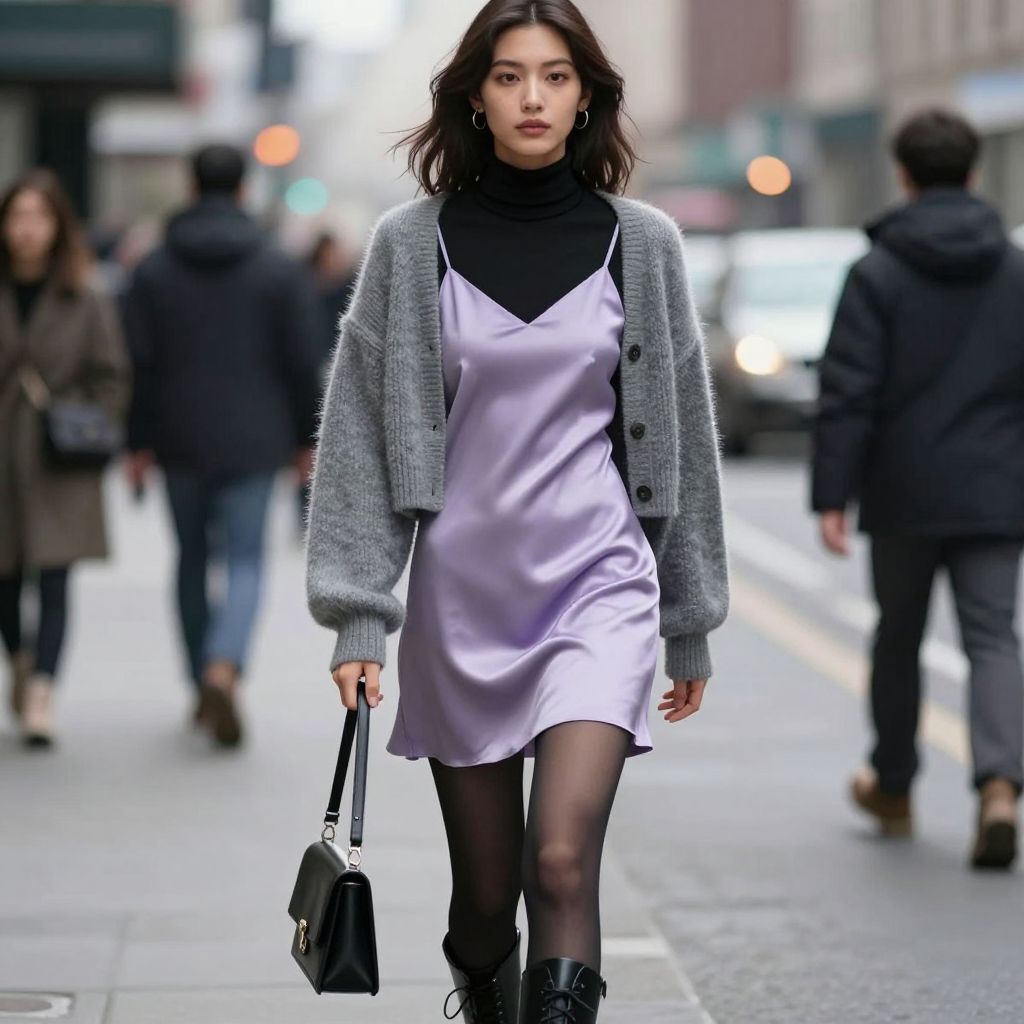 Turtleneck Under Slip Dress And Cropped Cardi