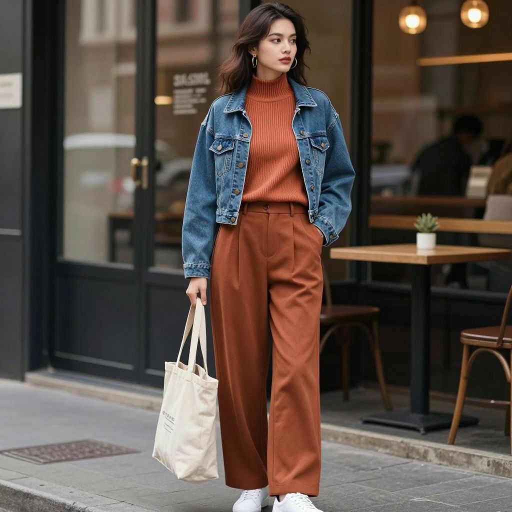 Ribbed Mock Neck With Cropped Denim Jacket