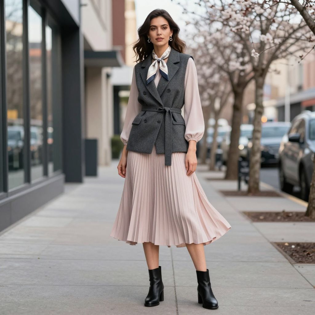 Pleated Dress With Wool Vest