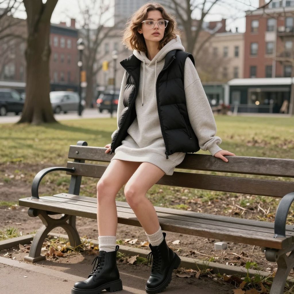 Hoodie Dress With Vest And Combat Boots