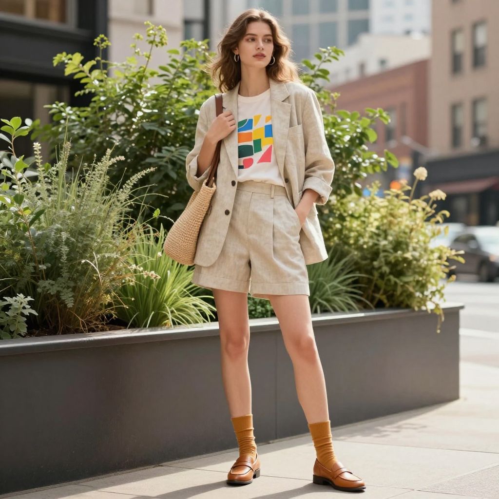 Linen Blazer With Graphic Tee And Shorts