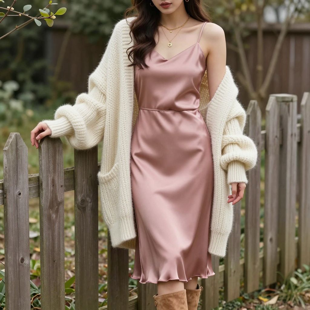 Satin Slip Dress With Chunky Cardigan