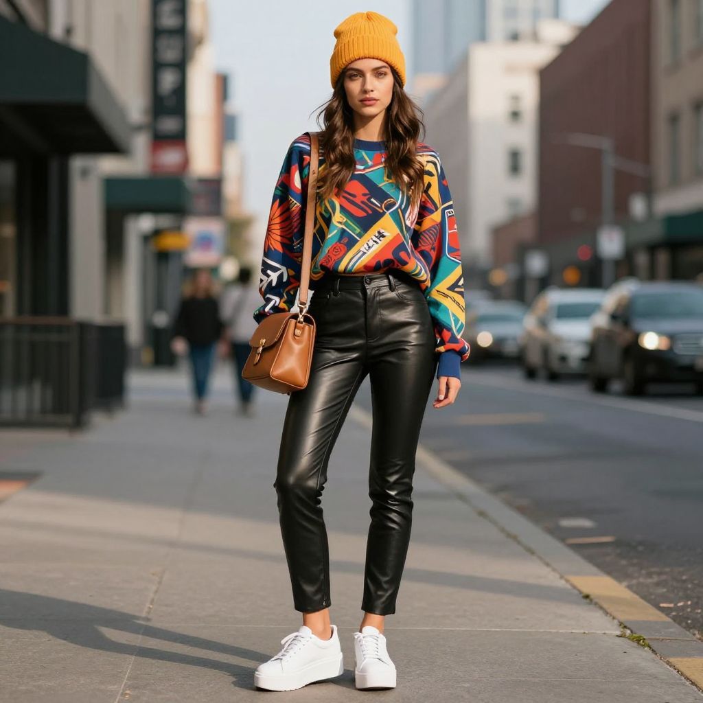 Graphic Crewneck With Faux Leather Trousers