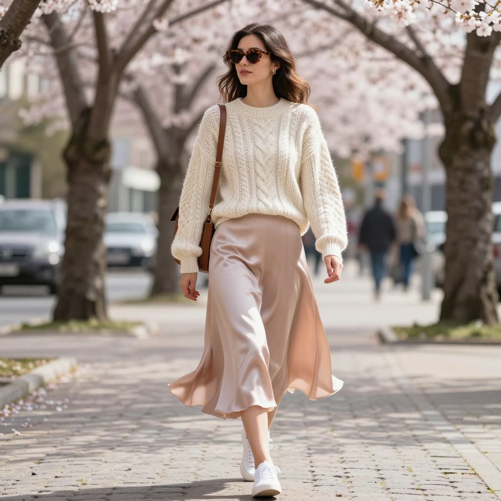 Chunky Sweater And Satin Midi Skirt