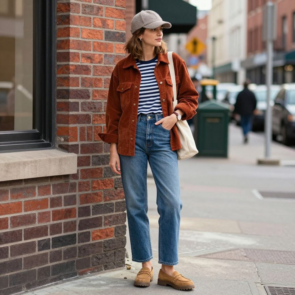 Corduroy Shirt Jacket Over Stripe Tee