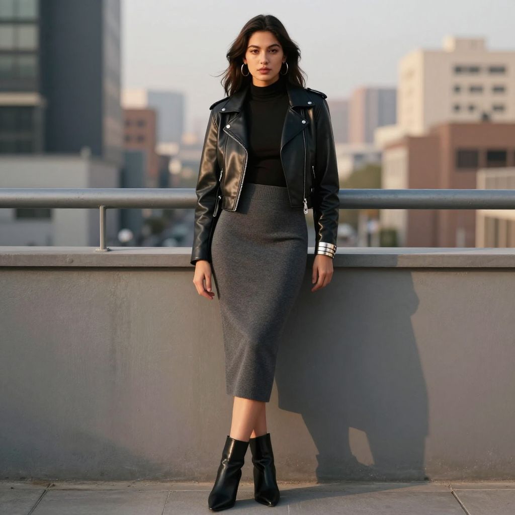 Cropped moto jacket with midi knit skirt