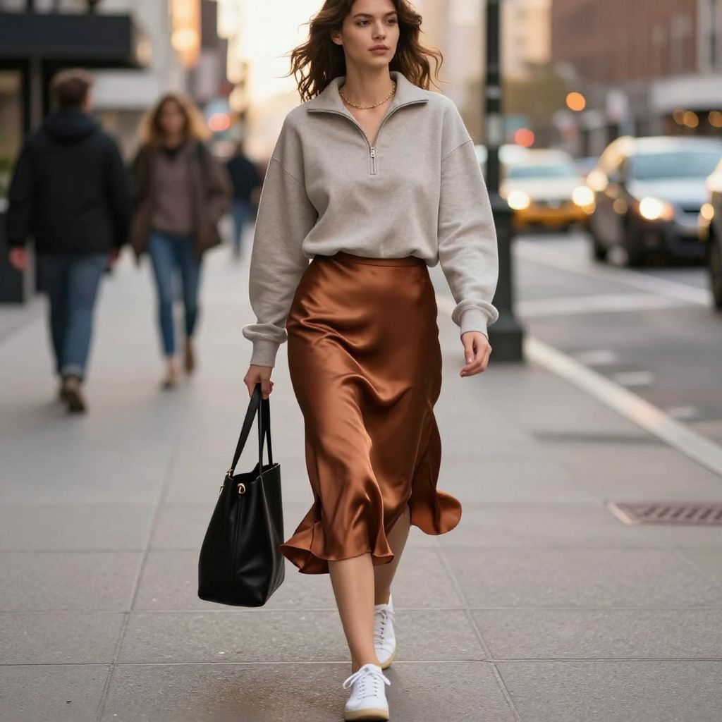 Half zip sweatshirt with satin midi skirt
