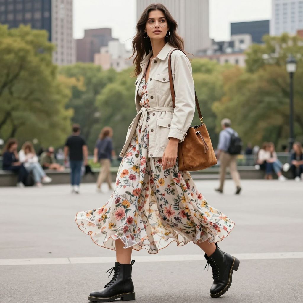Utility jacket with floral maxi dress