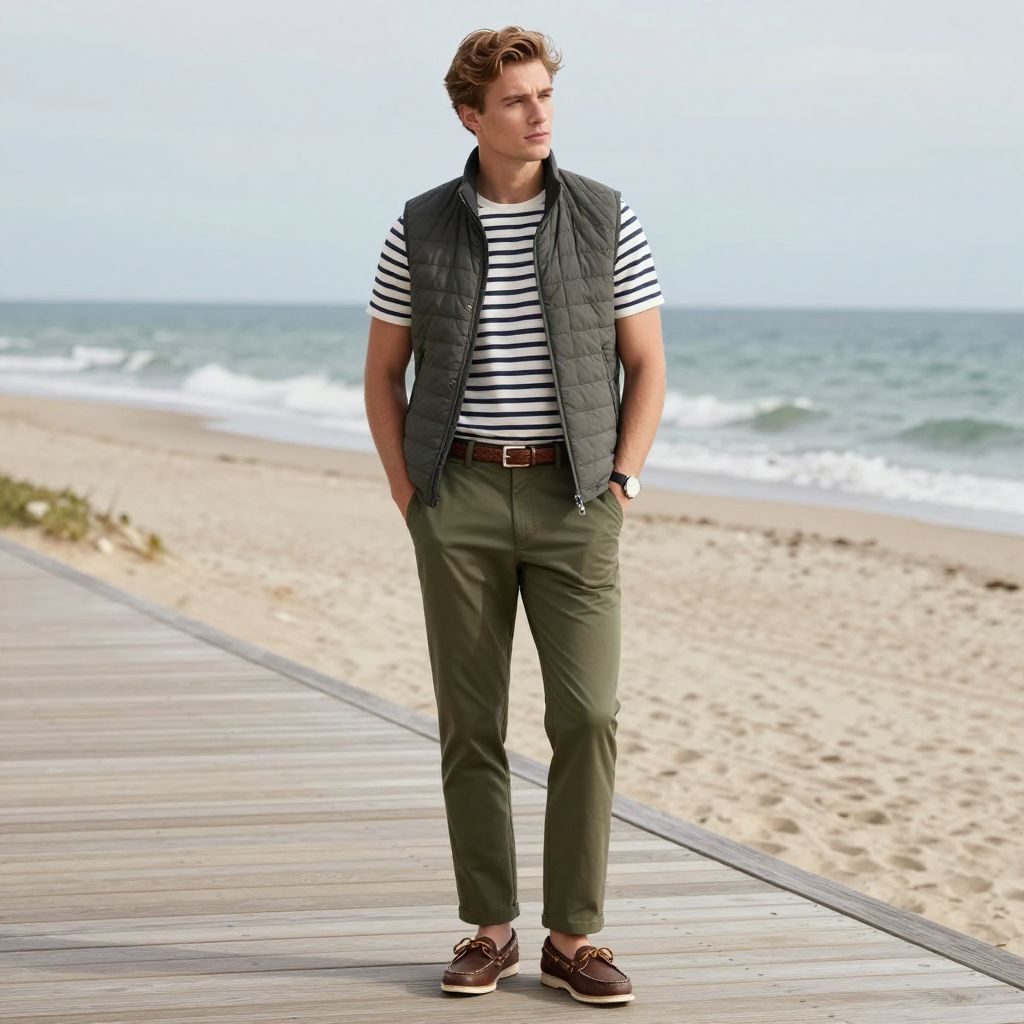 Quilted vest over stripe tee and slim chinos