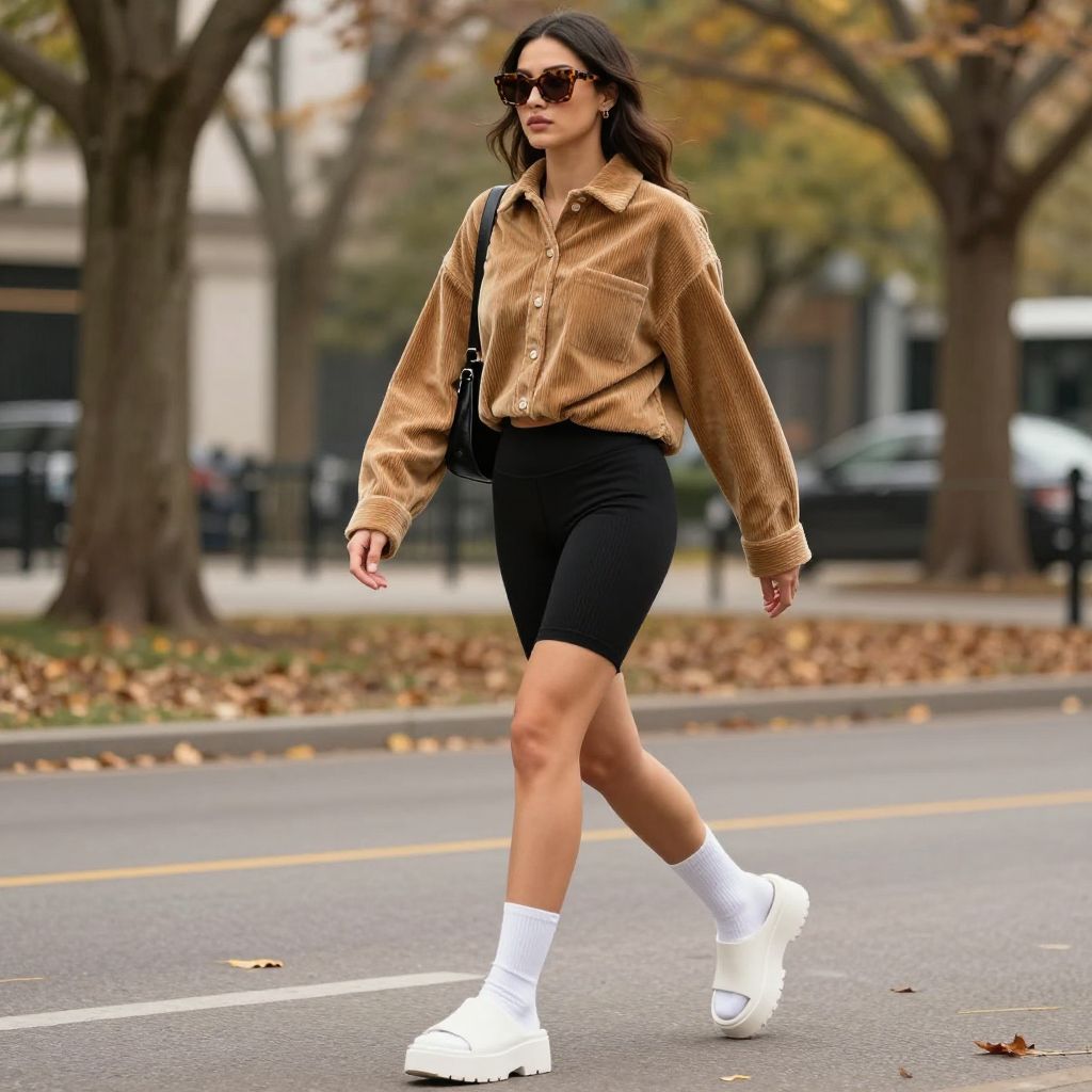 Corduroy overshirt with knit bike shorts