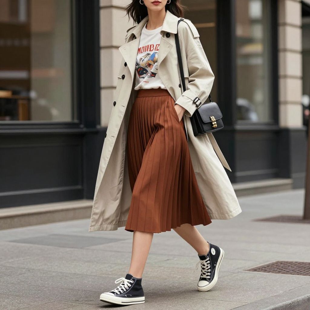 Lightweight trench over graphic tee and pleated skirt